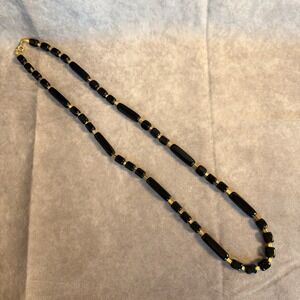 Trifari Black Enamel Long‎ Necklace Vintage 90's Gold Tone Signed